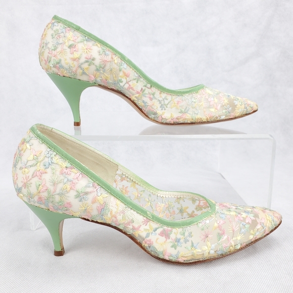 Vtg Floral Lace Joyce Heels Pastel California Sz 8 - Picture 5 of 13